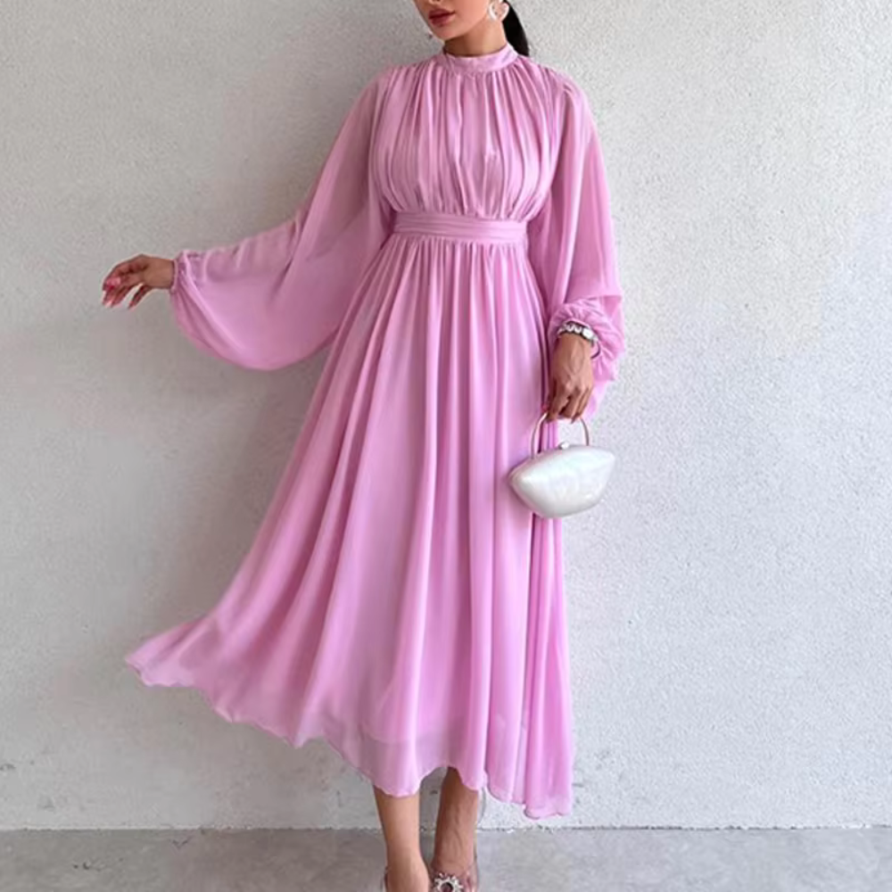 Modest Pleated Chiffon Flare Sleeves Midi Dress, Pink, Front