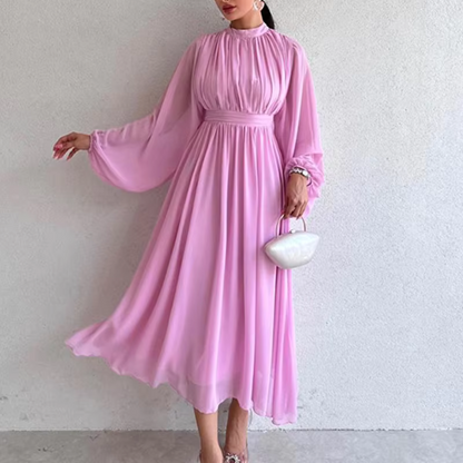 Modest Pleated Chiffon Flare Sleeves Midi Dress, Pink, Front