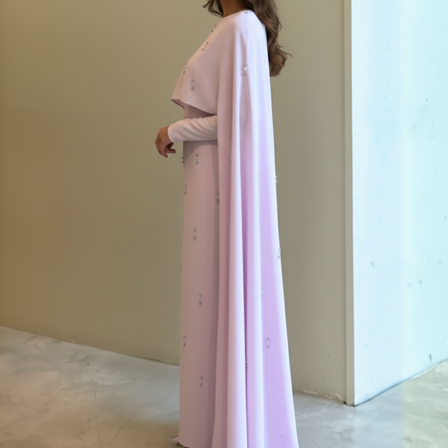 Pink Pearl Rhinestone Long Drape Sleeves Evening Dress, Side