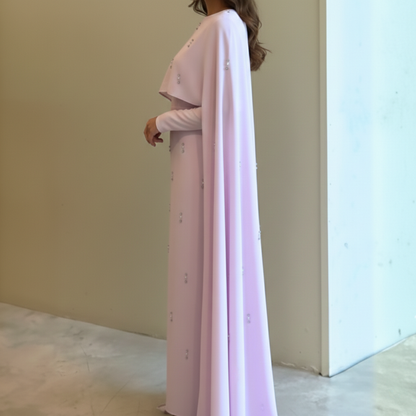 Pink Pearl Rhinestone Long Drape Sleeves Evening Dress, Side