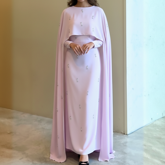 Pink Pearl Rhinestone Long Drape Sleeves Evening Dress