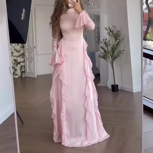 Pink Ruffle Modest Evening Dress