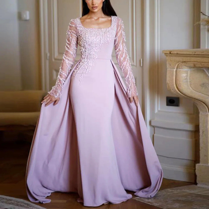 Pink Sparkly Sequined Long Sleeves Square Neck Mermaid Train Gown
