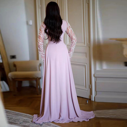 Pink Sparkly Sequined Long Sleeves Square Neck Mermaid Train Gown, Back