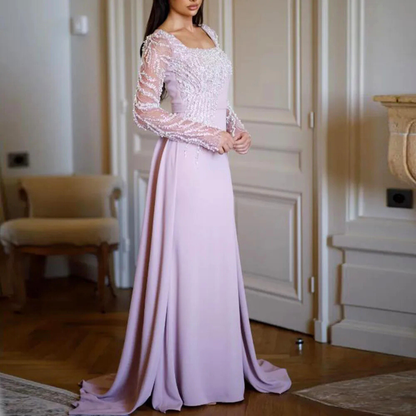 Pink Sparkly Sequined Long Sleeves Square Neck Mermaid Train Gown, Left