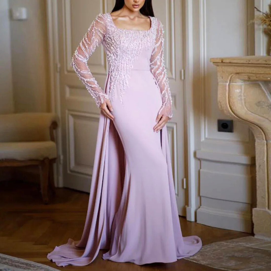 Pink Sparkly Sequined Long Sleeves Square Neck Mermaid Train Gown, Right