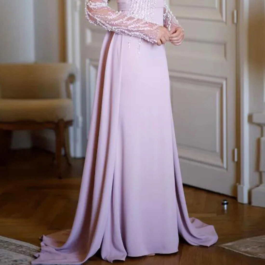 Pink Sparkly Sequined Long Sleeves Square Neck Mermaid Train Gown, Close Up