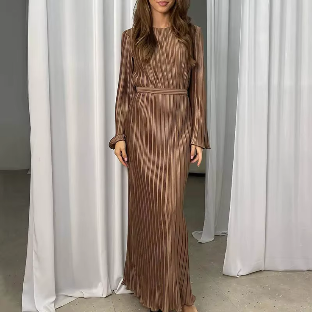 Pleated Modest Flare Sleeves Waist Tie Evening Dress Brown / S Pleated Modest Flare Sleeves Waist Tie Evening Dress Brown / S