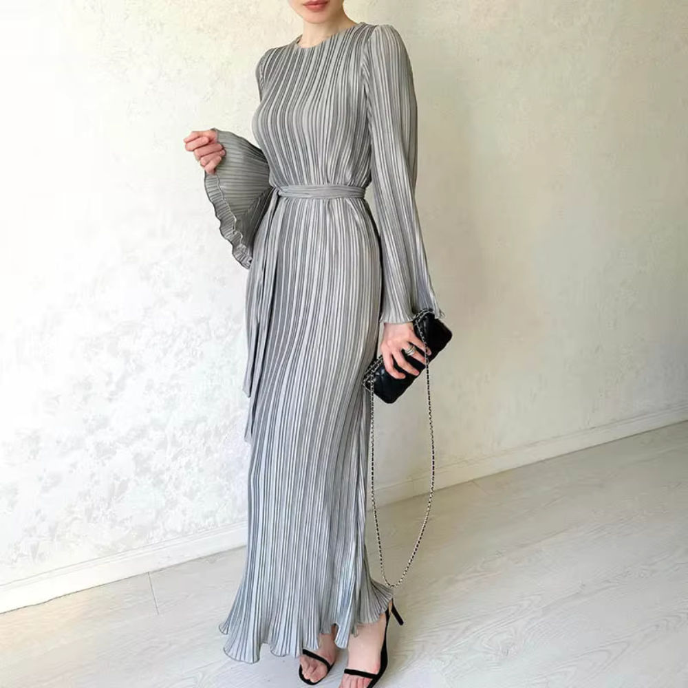 Pleated Modest Flare Sleeves Waist Tie Evening Dress Little Lala Boutique Pleated Modest Flare Sleeves Waist Tie Evening Dress Little Lala Boutique