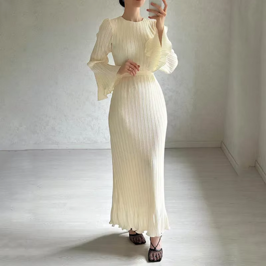 Pleated Modest Flare Sleeves Waist Tie Evening Dress, Cream White