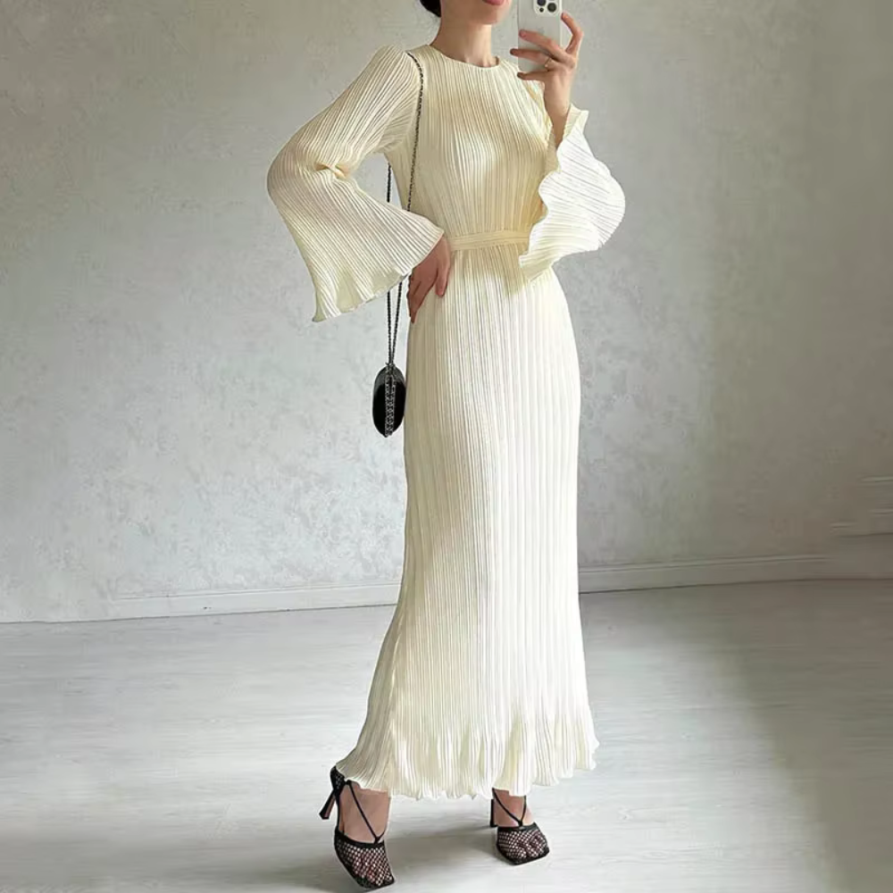 Pleated Modest Flare Sleeves Waist Tie Evening Dress Cream White / M Pleated Modest Flare Sleeves Waist Tie Evening Dress Cream White / M