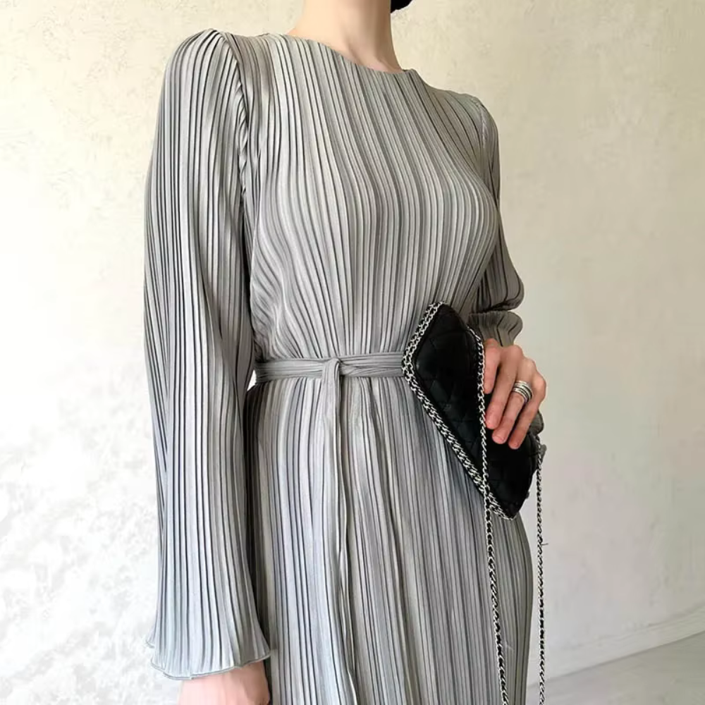 Pleated Modest Flare Sleeves Waist Tie Evening Dress Brown / S Pleated Modest Flare Sleeves Waist Tie Evening Dress Brown / S