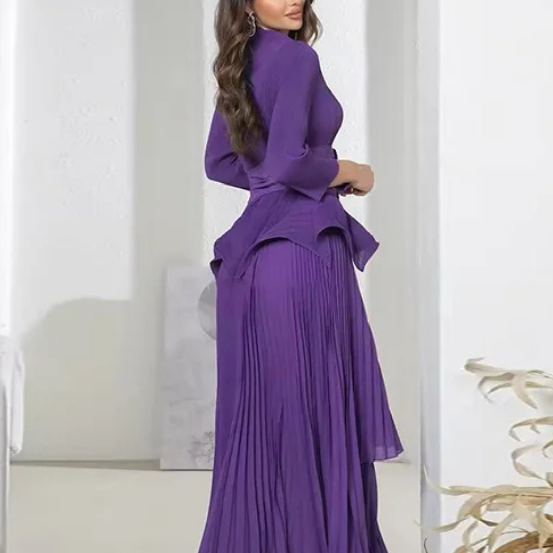 Purple Modest Bow Belt Multilayered Pleated Long Dress