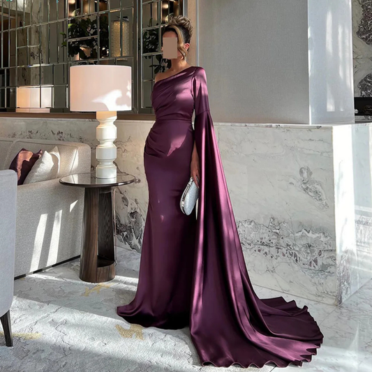 Purple Satin One Shoulder Drape Sleeve Mermaid Long Evening Dress