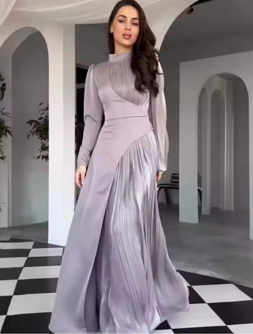 Purple Chiffon Modest Assymetric Long Party Dress, Closeup