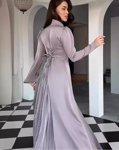 Purple Chiffon Modest Assymetric Long Party Dress, Back