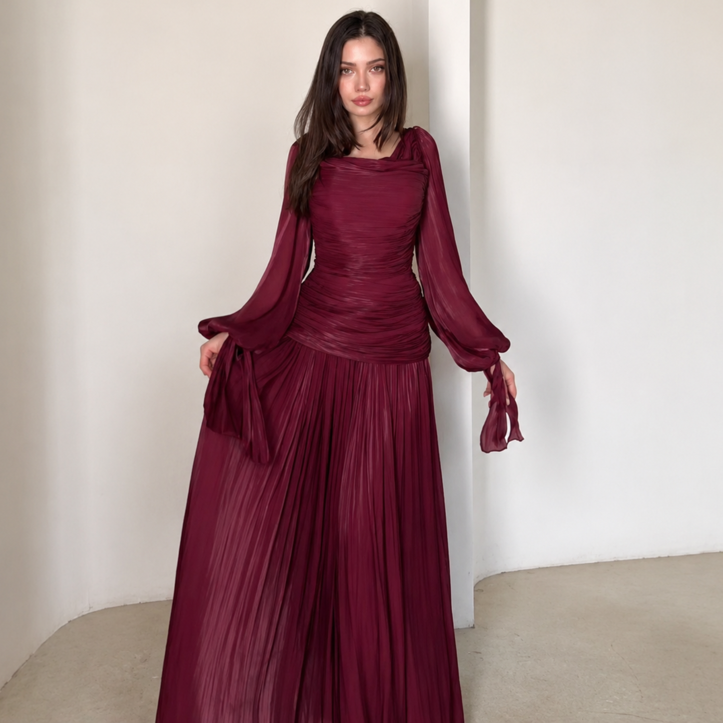 Wine Red Chiffon Drape Pleated Balloon Sleeves Slim Maxi Dress