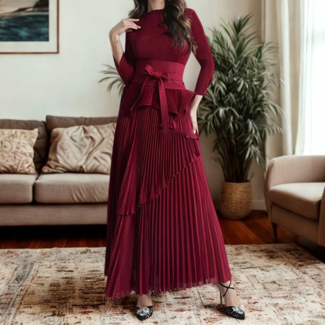 Red Modest Bow Belt Multilayered Pleated Long Dress