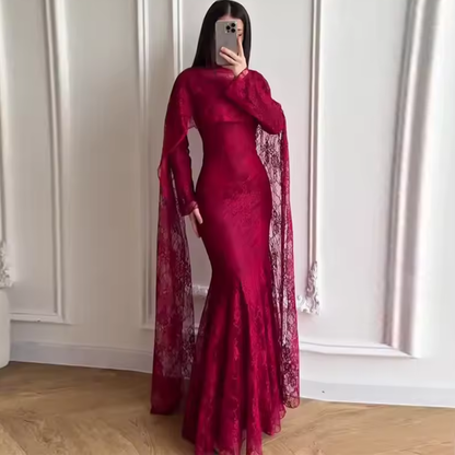 Red Floral Lace Long Sleeves Maxi Dress with Scarf