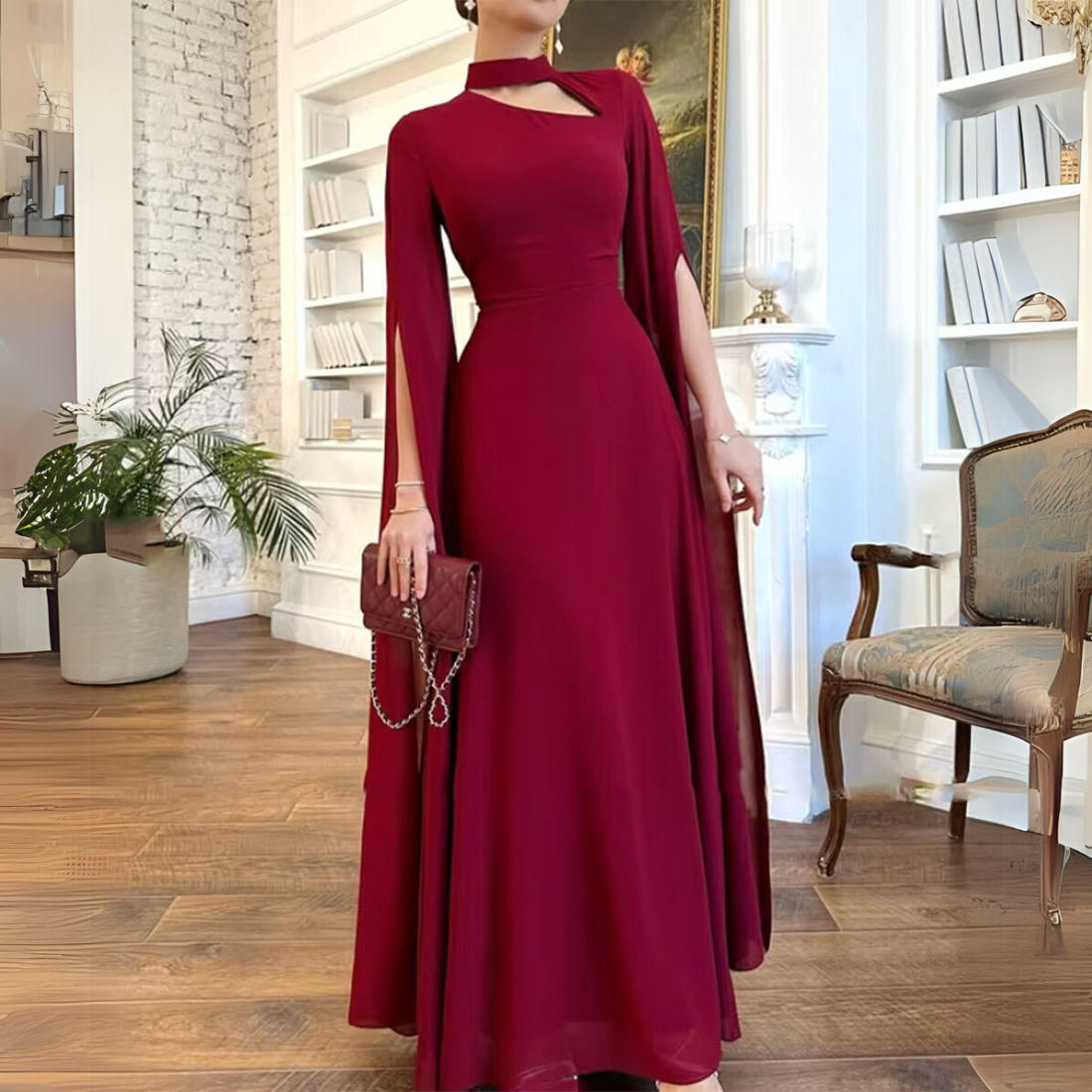 Red Halter Neck Drape Sleeves Chiffon Long Dress