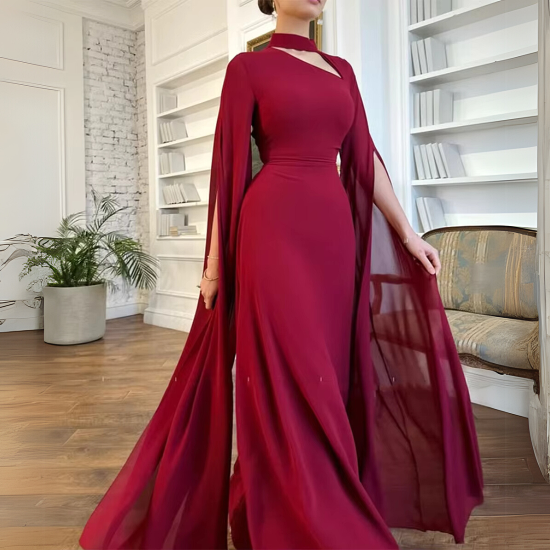 Red Halter Neck Drape Sleeves Chiffon Long Dress, Left