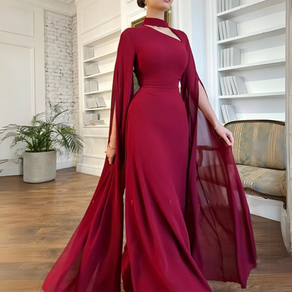 Red Halter Neck Drape Sleeves Chiffon Long Dress, Left