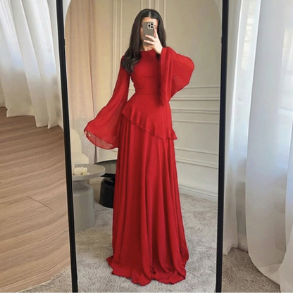 Red Modest Chiffon Flare Sleeves A-Line Long Dress