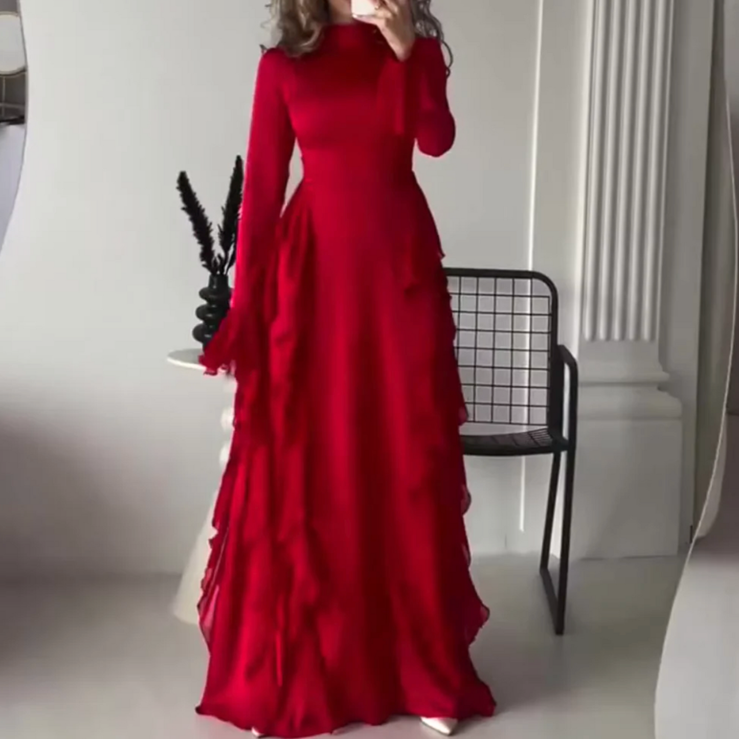 Navy Blue Ruffle Modest Evening Dress