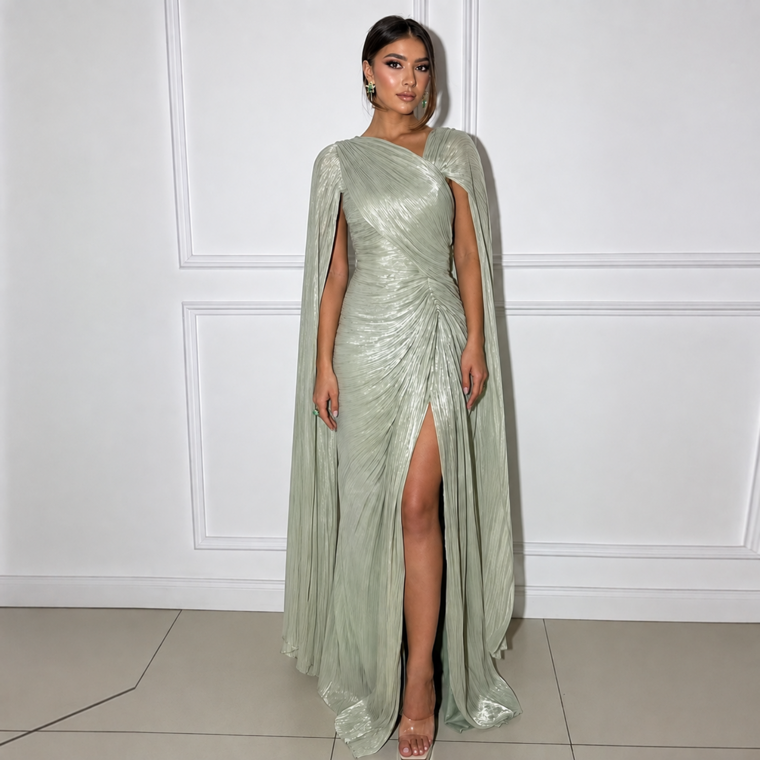 Sage Green Shiny Chiffon Ruched Drape Sleeves Slim Floor-Length Dress