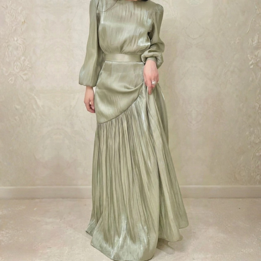 Sage Green Ruffle Modest Long Evening Dress