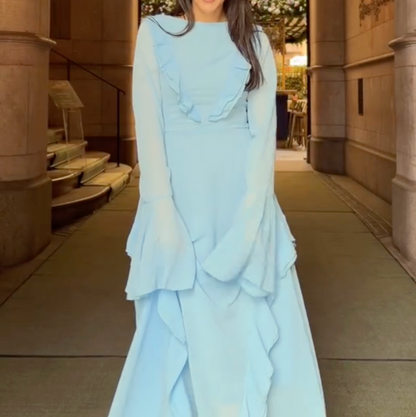 Sky Blue Ruffle Long Sleeves Evening Dress, Front 2
