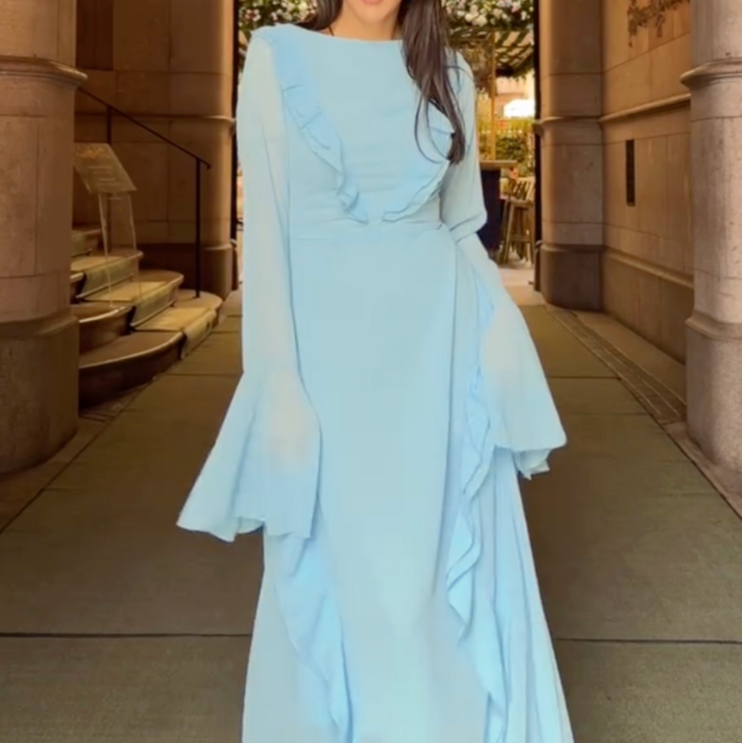 Sky Blue Ruffle Modest Long Sleeves Evening Dress L Sky Blue Ruffle Modest Long Sleeves Evening Dress L