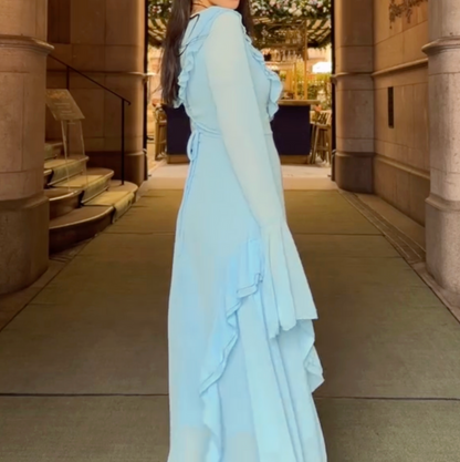 Sky Blue Ruffle Long Sleeves Evening Dress, Back