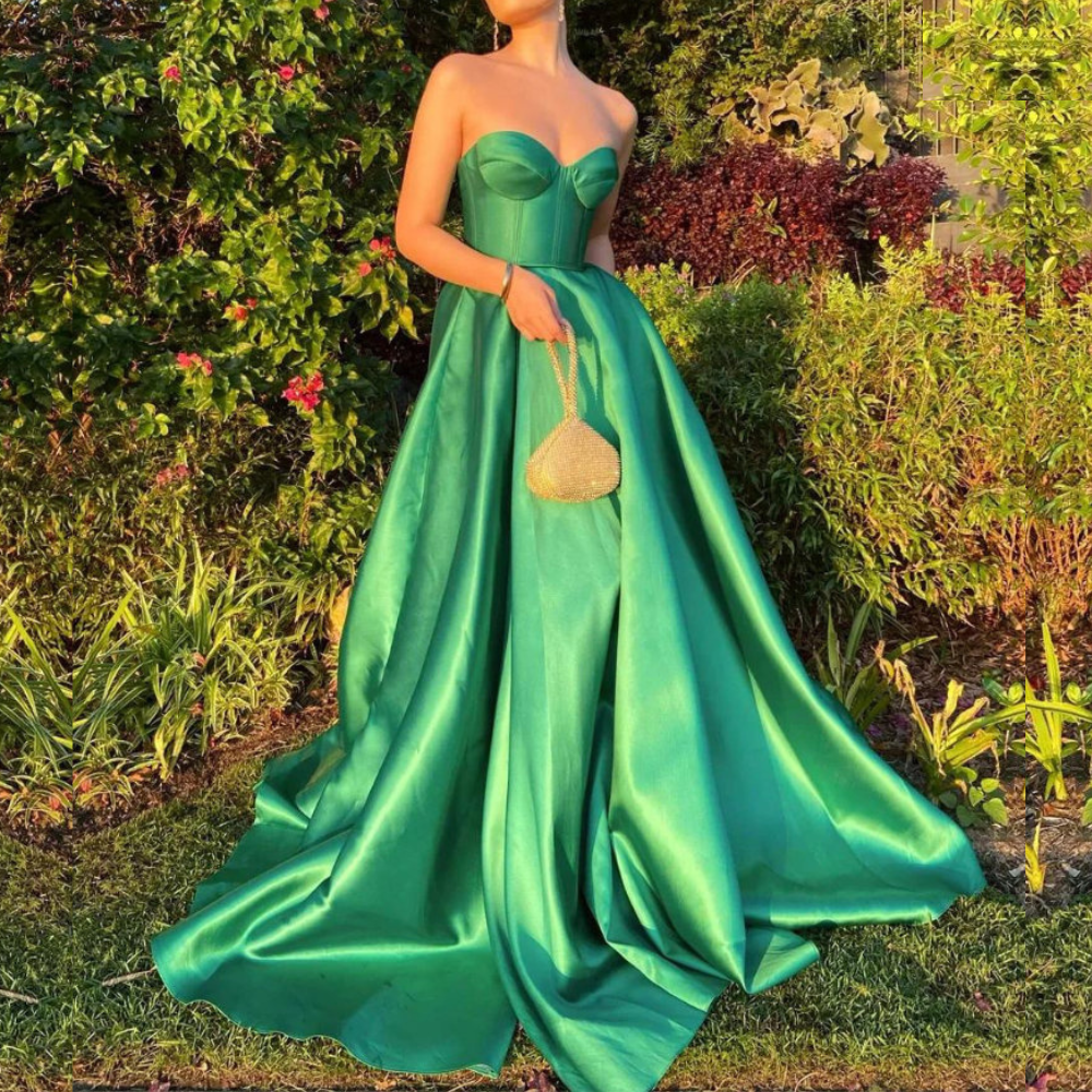 Shining Green Strapless Satin Floor-Length Prom Dress