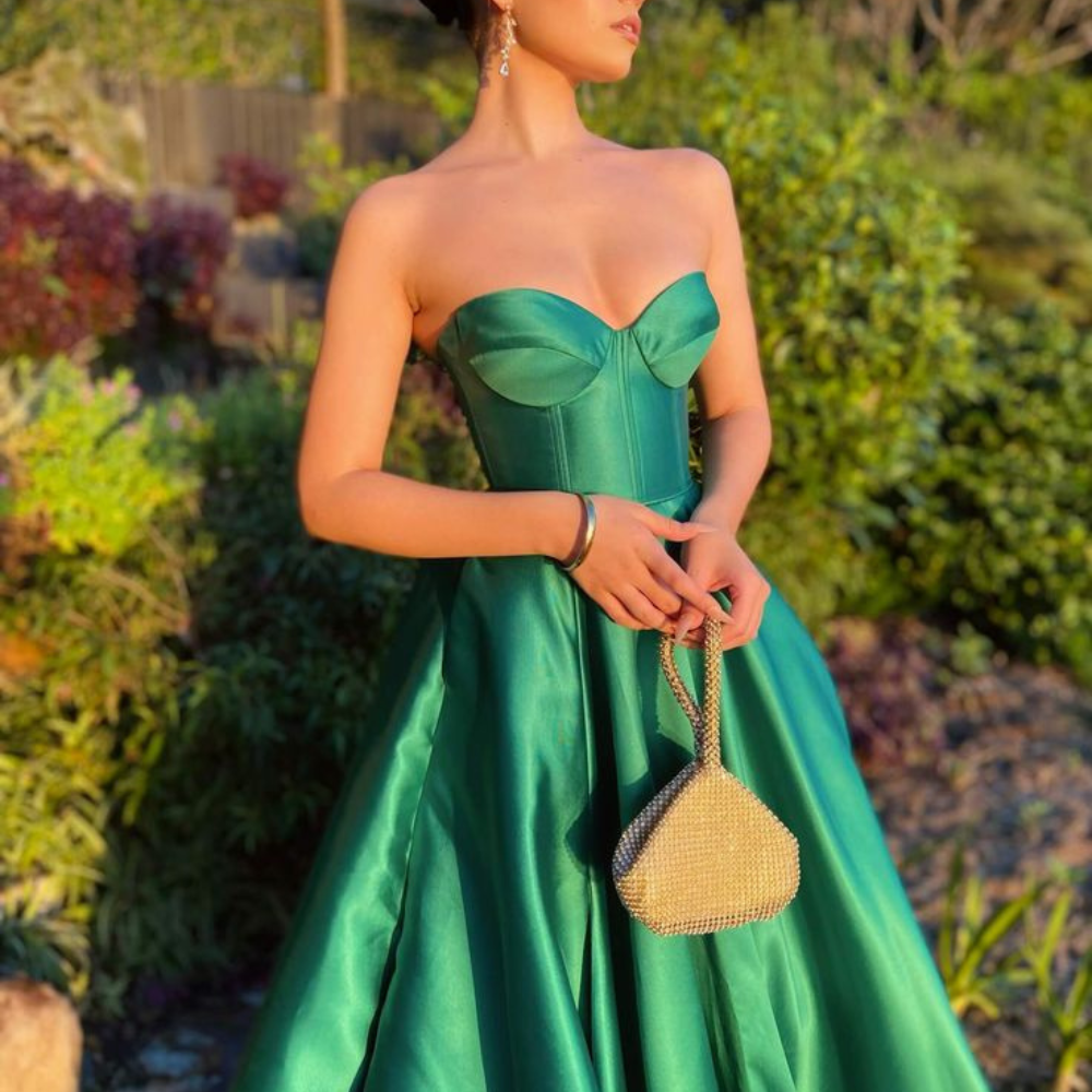 Shining Green Strapless Satin Floor-Length Prom Dress, Close Up