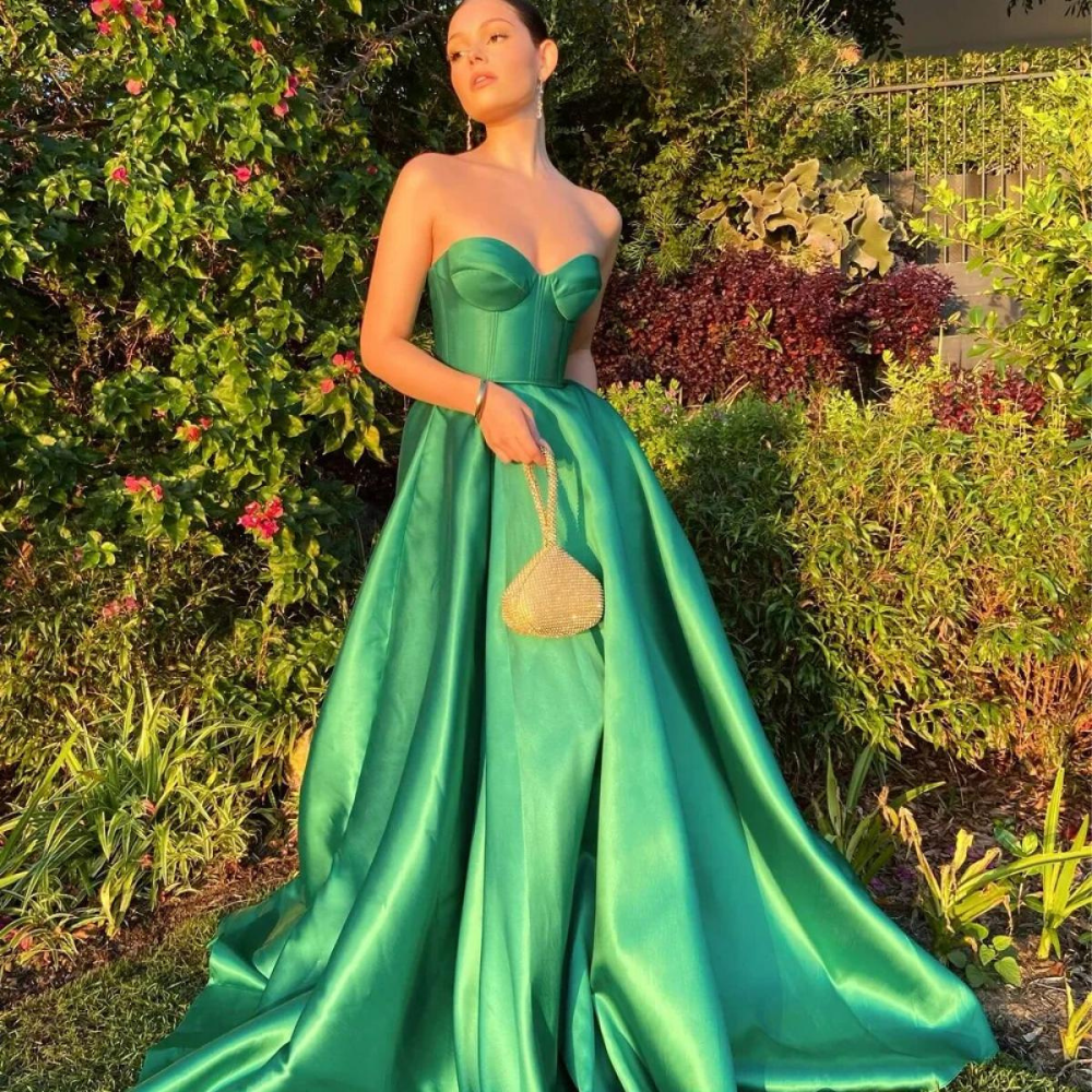 Shining Green Strapless Satin Floor-Length Prom Dress, Right