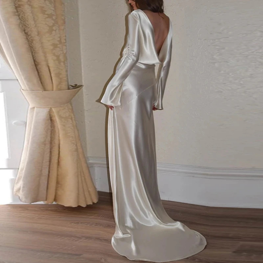 Shiny Satin White Long Sleeves Backless Train Gown, Back