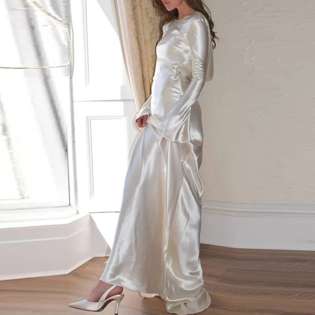 Shiny Satin White Long Sleeves Backless Train Gown, Left