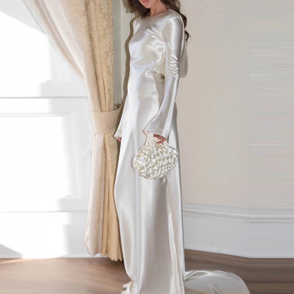 Shiny Satin White Long Sleeves Backless Train Gown, Right
