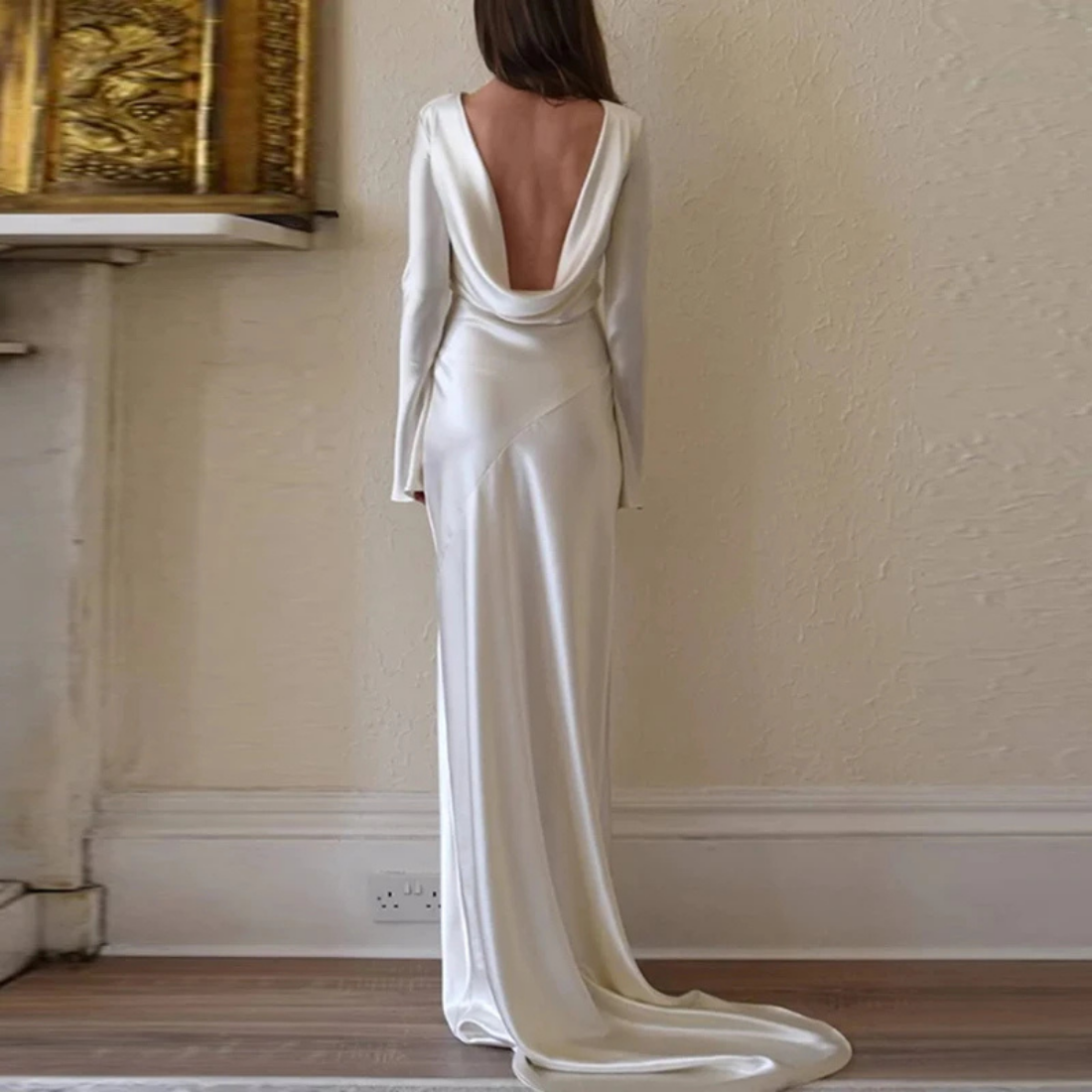 Shiny Satin White Long Sleeves Backless Train Gown, Back