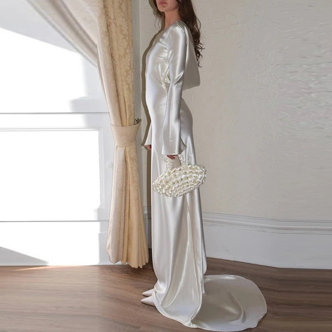 Shiny Satin White Long Sleeves Backless Train Gown, Left 2