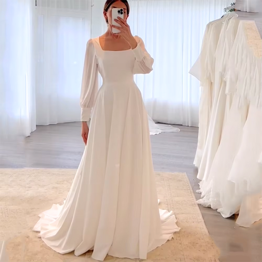 Simple White Modest Square Neck Puff Sleeves A-Line Bridal Gown