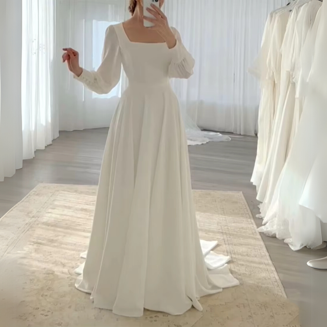Simple White Modest Square Neck Puff Sleeves A-Line Bridal Gown, Front