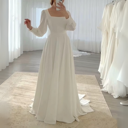 Simple White Modest Square Neck Puff Sleeves A-Line Bridal Gown, Front