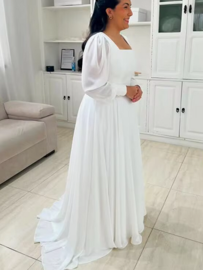 Simple White Modest Square Neck Puff Sleeves A-Line Bridal Gown, Left