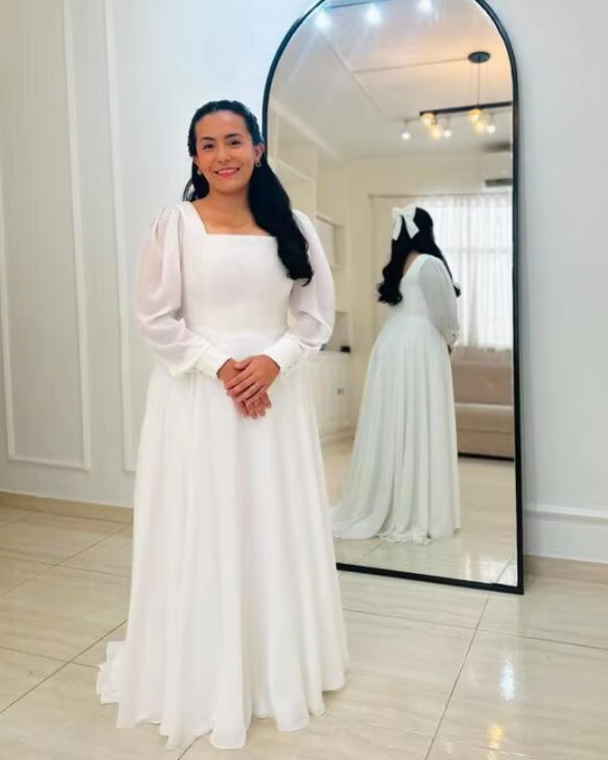 Simple White Modest Square Neck Puff Sleeves A-Line Bridal Gown, Front 2
