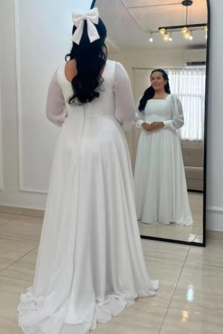 Simple White Modest Square Neck Puff Sleeves A-Line Bridal Gown, Back