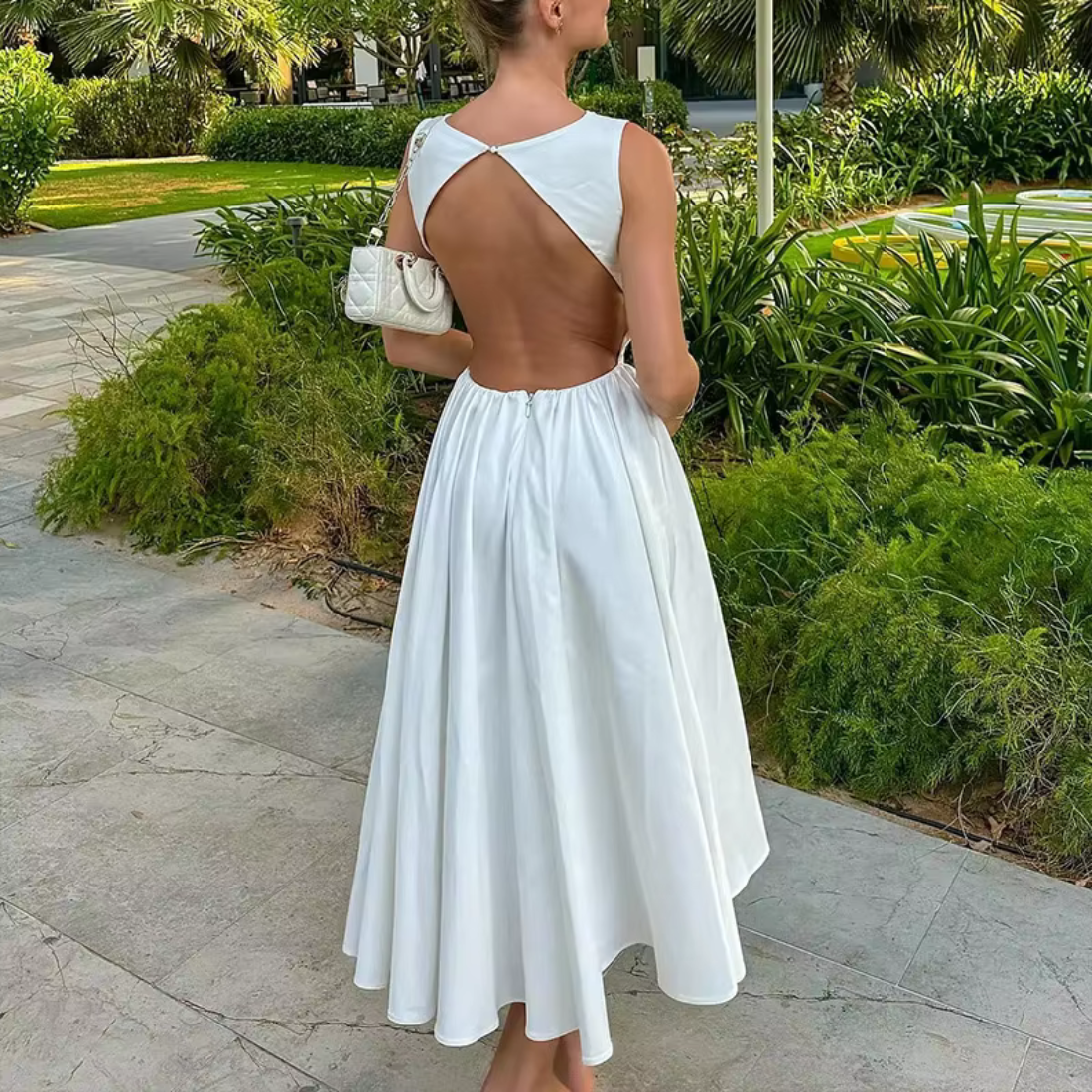 Elegant White Satin Sabrina Neck Sleeveless A-Line Midi Dress S