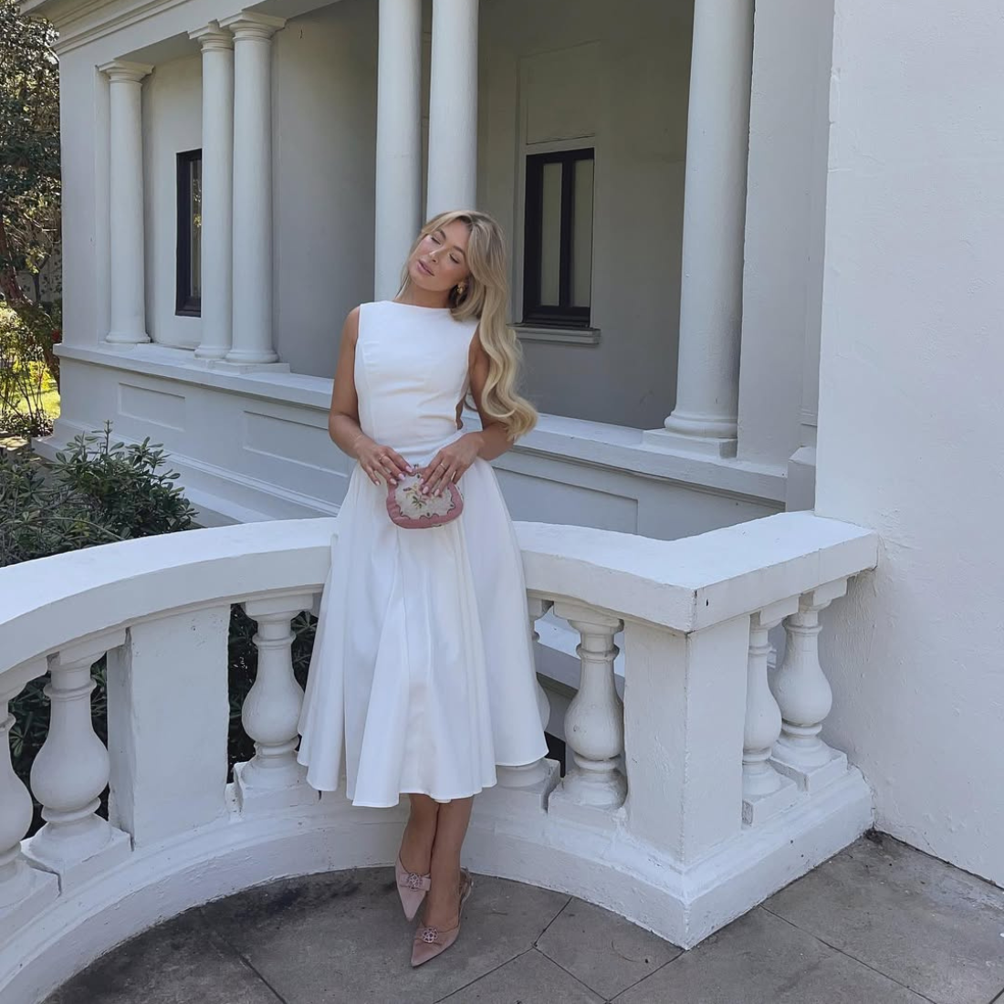 Elegant White Satin Sabrina Neck Sleeveless A-Line Midi Dress S