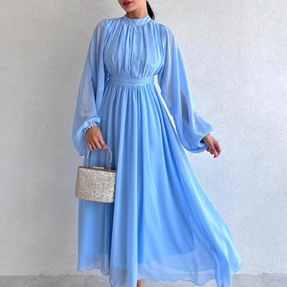 Sky Blue Modest Pleated Chiffon Flare Sleeves Midi Dress, Sky Blue